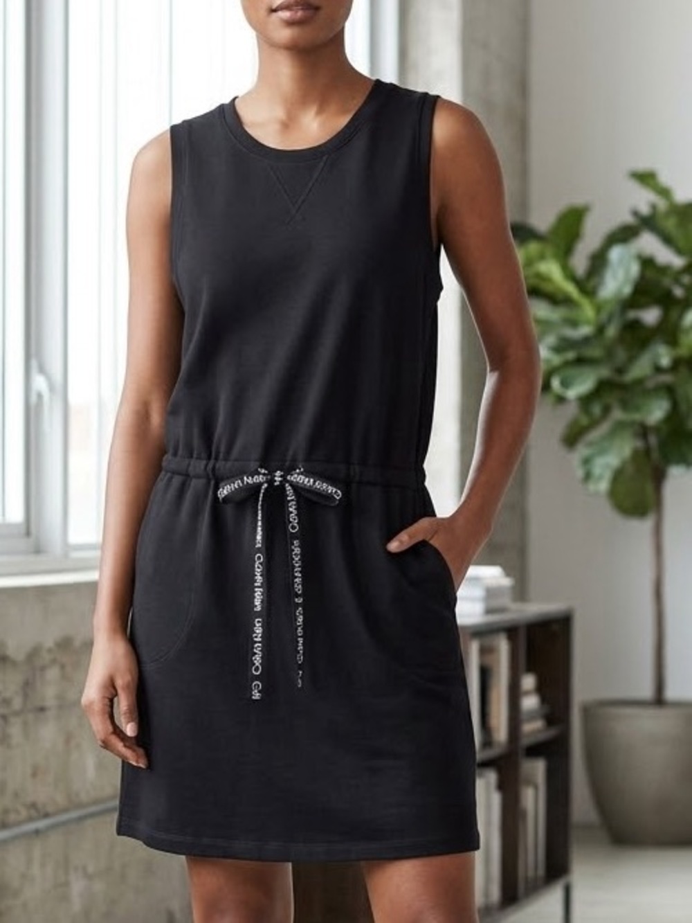 Calvin Klein Black Sleeveless Drawstring Dress